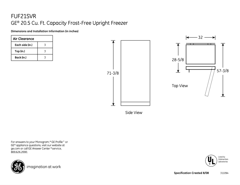 Page 1 de la notice Fiche technique GE FUF21SVRWW