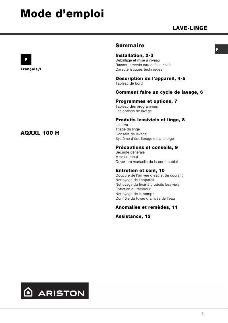 Image de la première page du manuel de l'appareil AQXXL100H