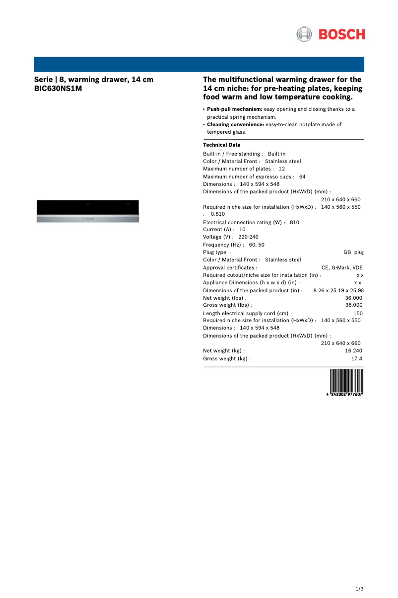 Page 1 de la notice Fiche technique Bosch BIC630NS1M