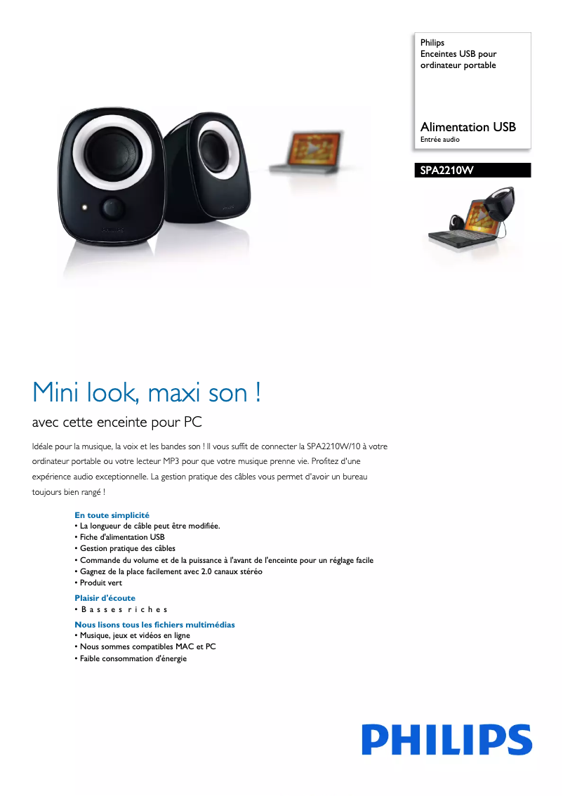 Page 1 de la notice Fiche technique Philips SPA2210W