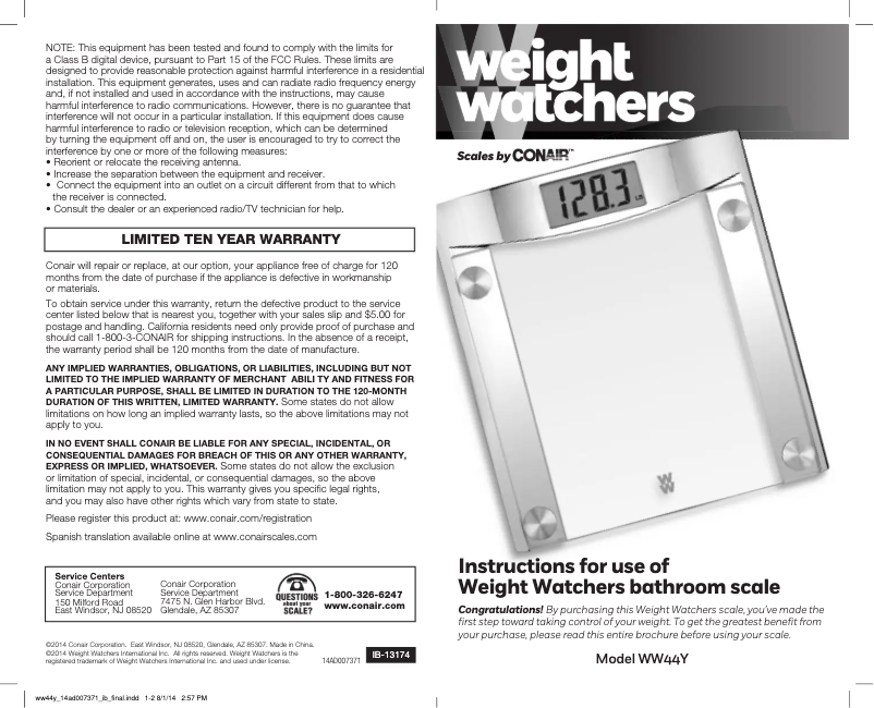Image de la première page du manuel de l'appareil Weight Watchers WW44Y
