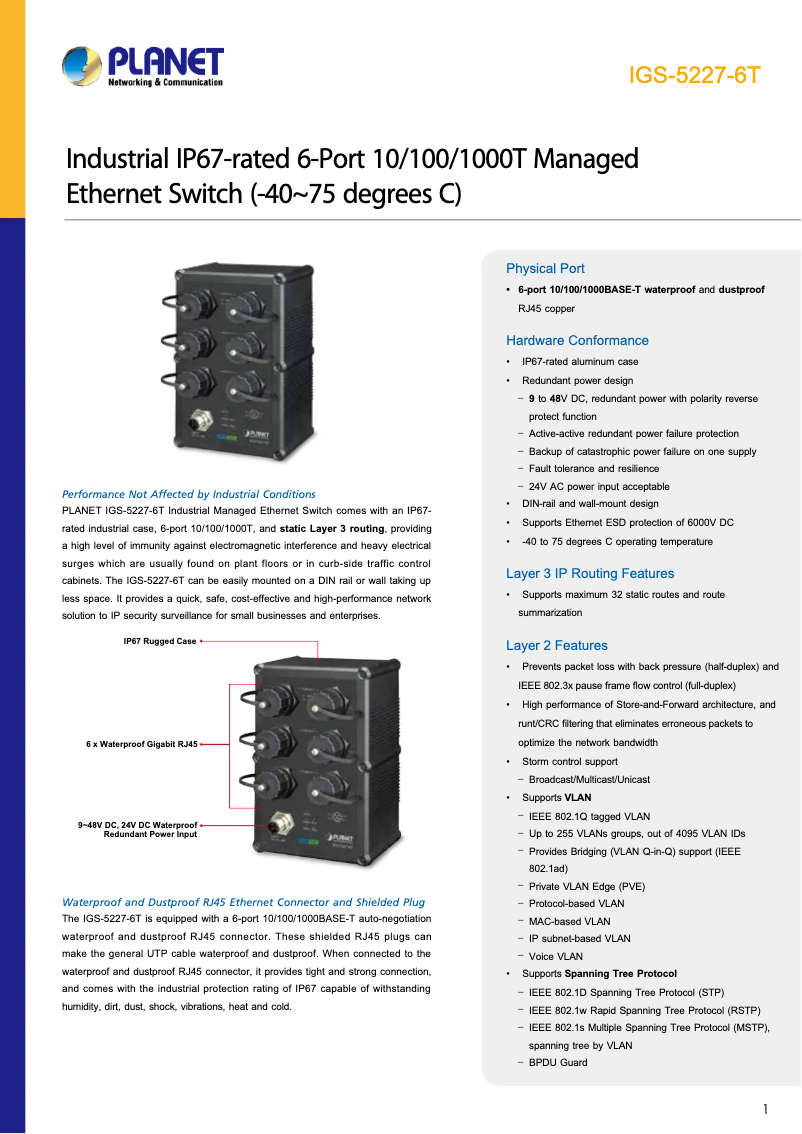 Page 1 de la notice Fiche technique Planet IGS-5227-6T