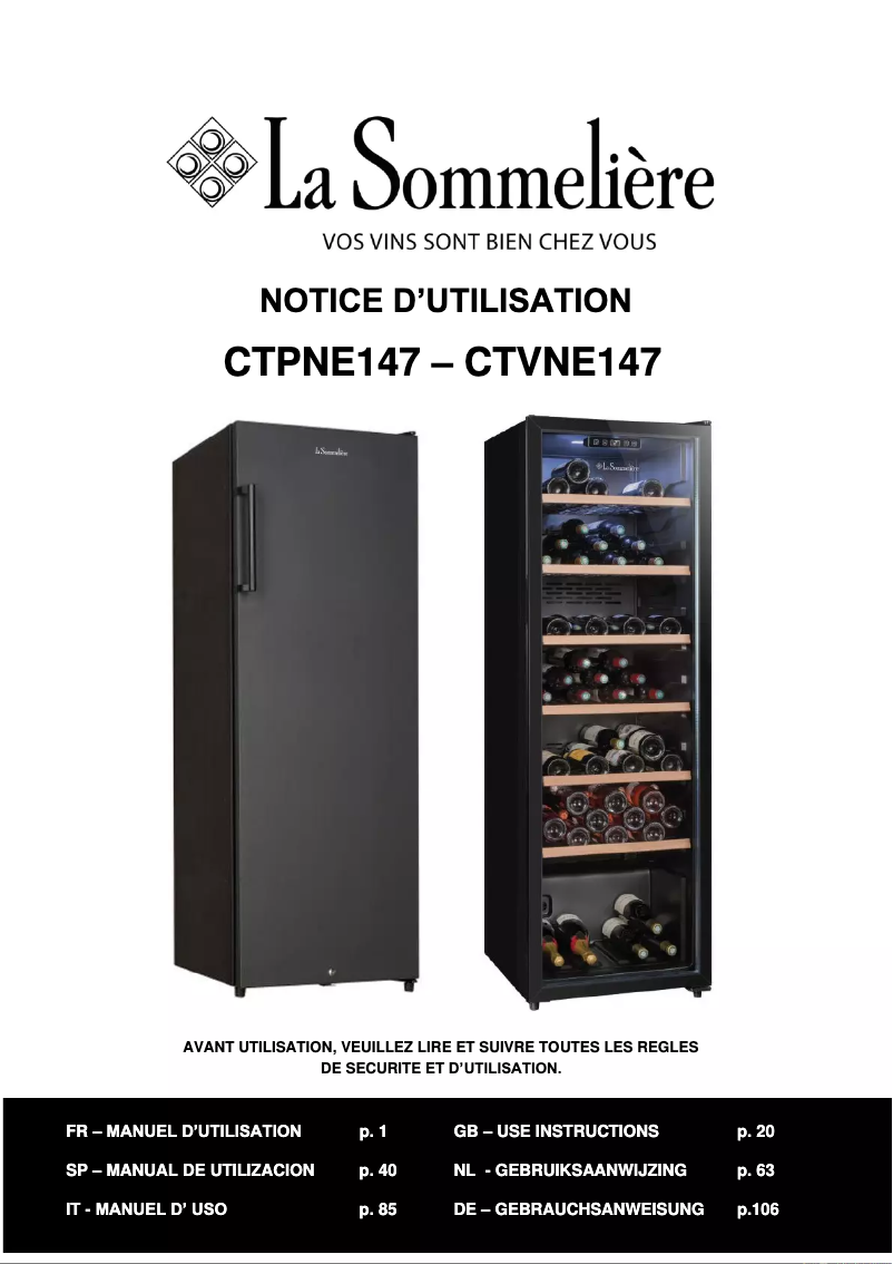 Page 1 de la notice Manuel utilisateur La Sommelière CTVNE147