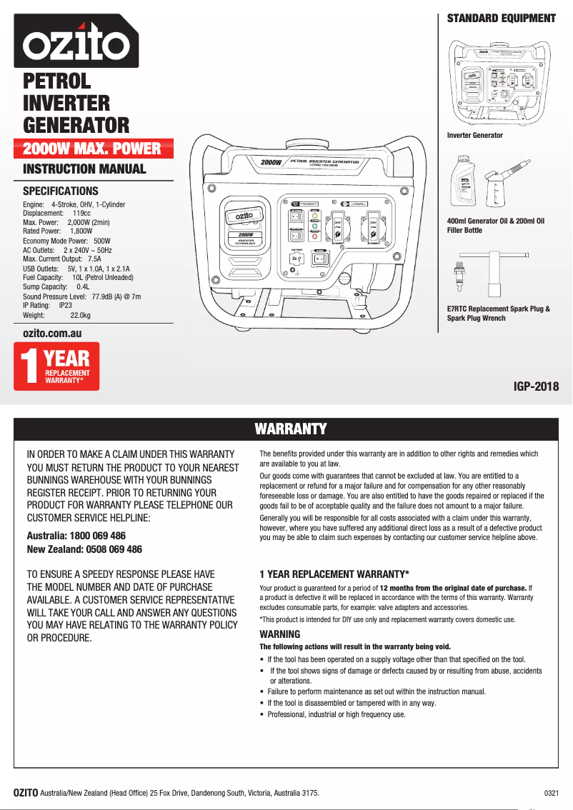Page 1 de la notice Manuel utilisateur Ozito IGP-2018