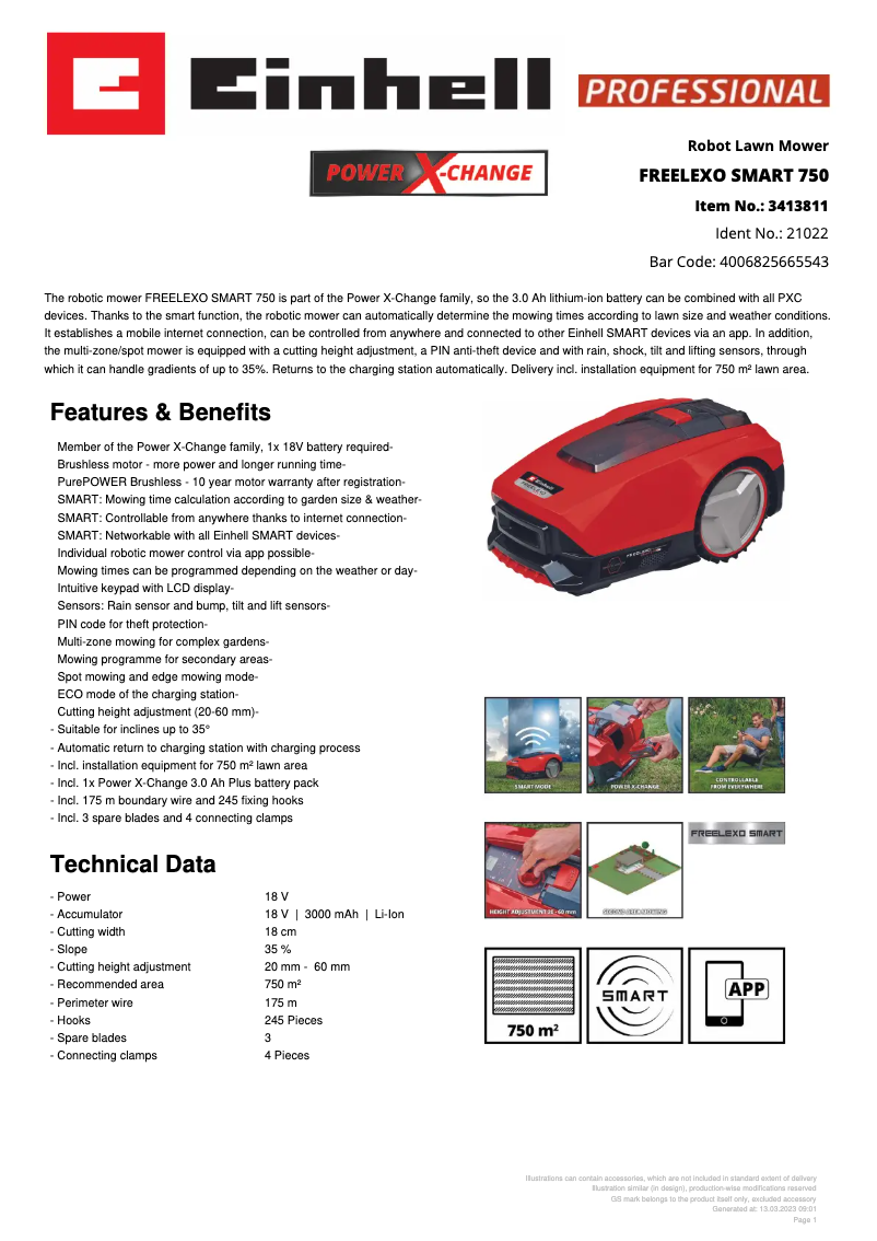 Página 1 del manual Ficha técnica Einhell Freelexo SMART 750 LCD+