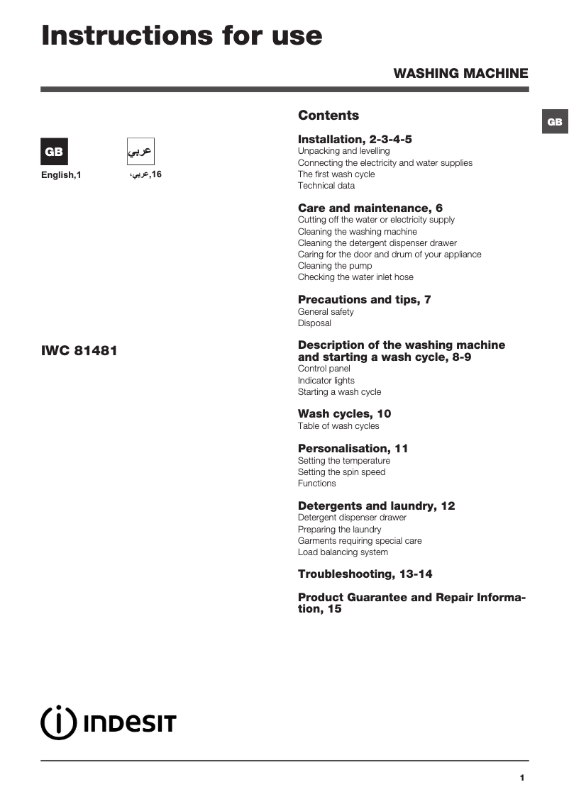 Page 1 de la notice Manuel utilisateur Indesit IWC 81481 ECO UK.M