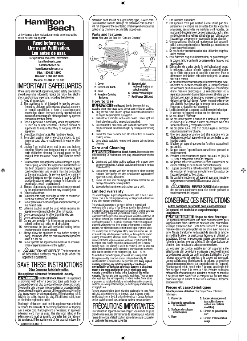 Page 1 de la notice Manuel d'utilisation et d'entretien Hamilton Beach 25462Z