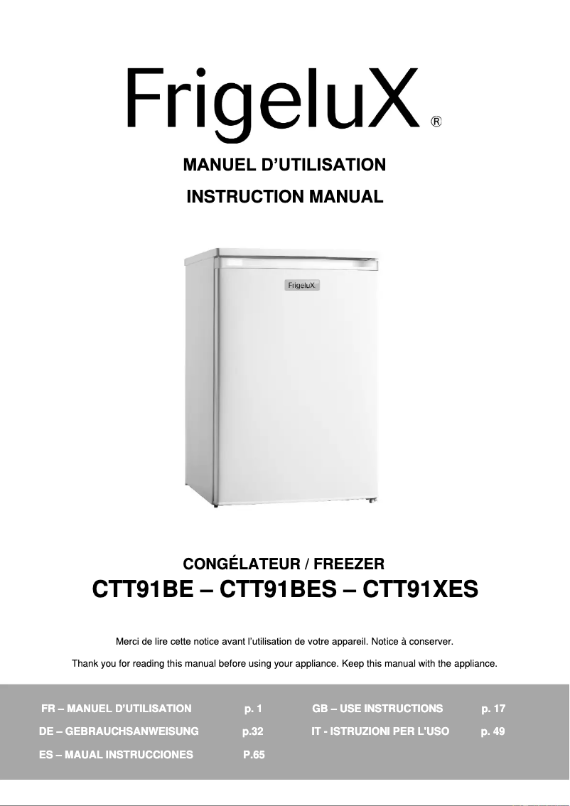 Page n°1 - Manuel utilisateur FrigeluX CTT91BE