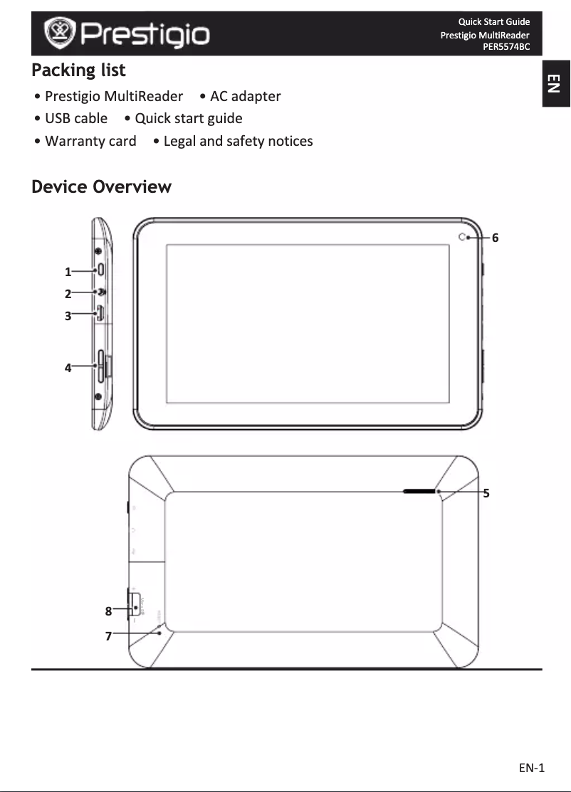 Page 1 de la notice Manuel utilisateur Prestigio MultiReader 5474