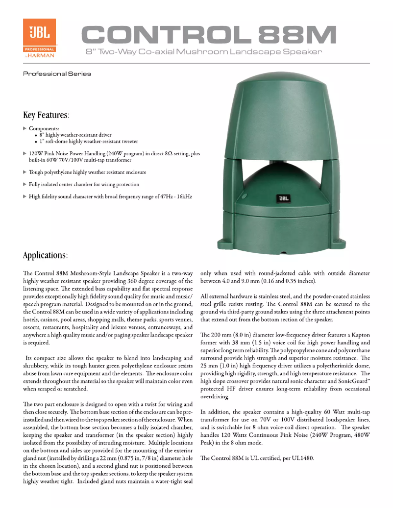 Page n°1 - Fiche technique JBL Control 88M