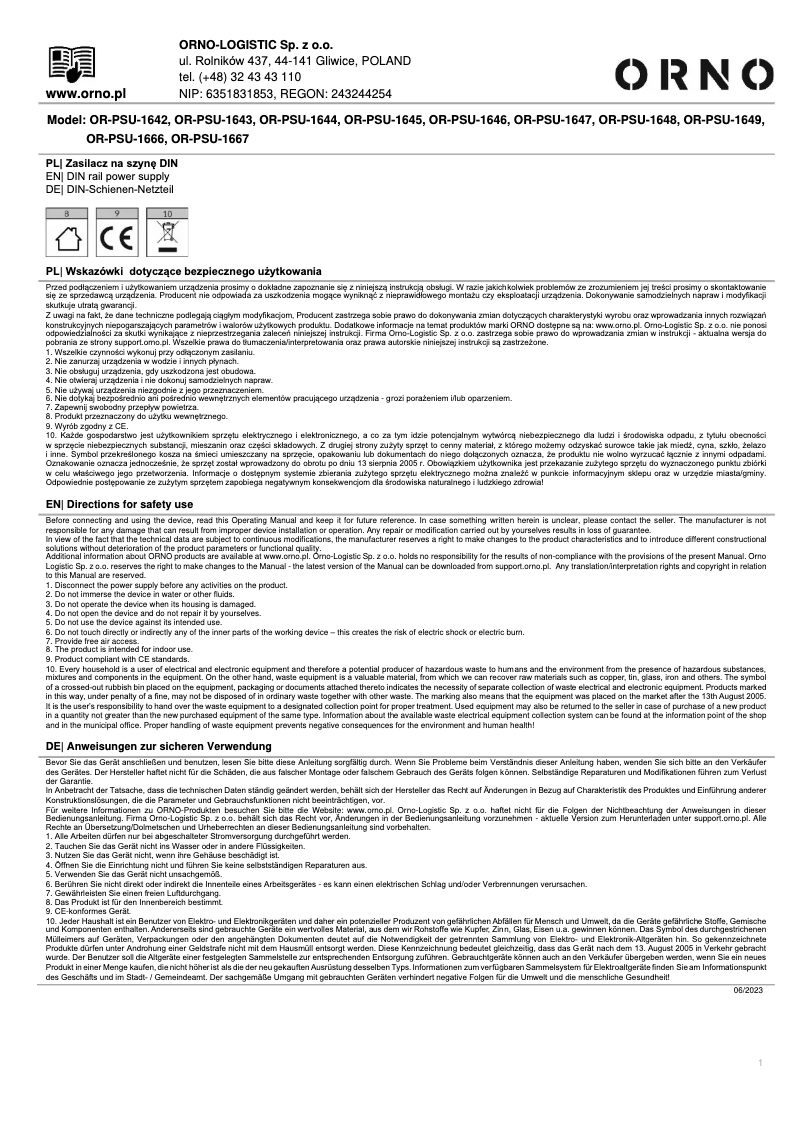Page n°1 - Manuel utilisateur ORNO OR-PSU-1667