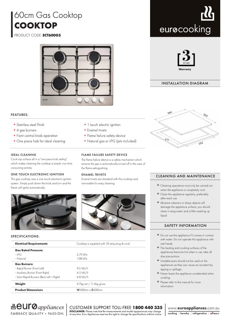 Page n°1 - Fiche technique Euro Appliances ECT600GS