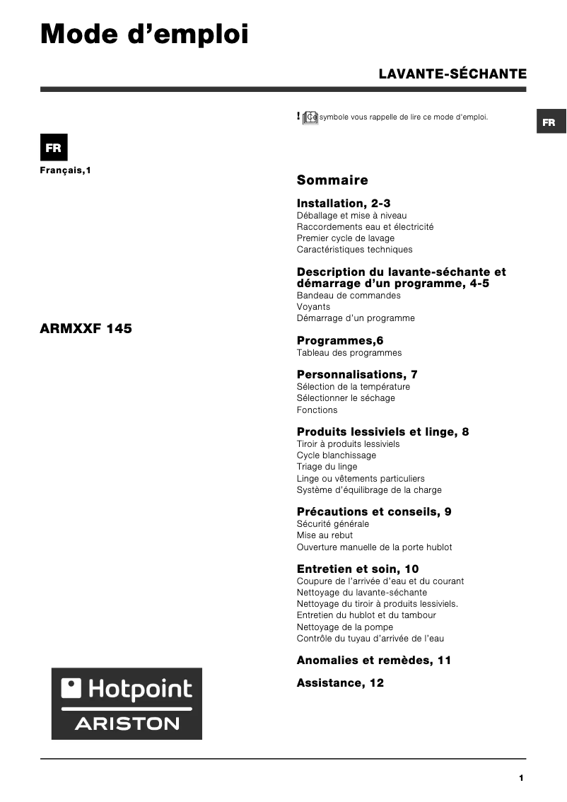 Page 1 de la notice Manuel utilisateur Hotpoint Ariston ARMXXF 145 (FR)