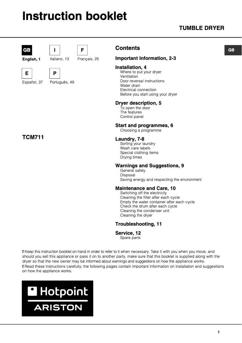 Page n°1 - Manuel utilisateur Hotpoint Ariston TCM 711 X