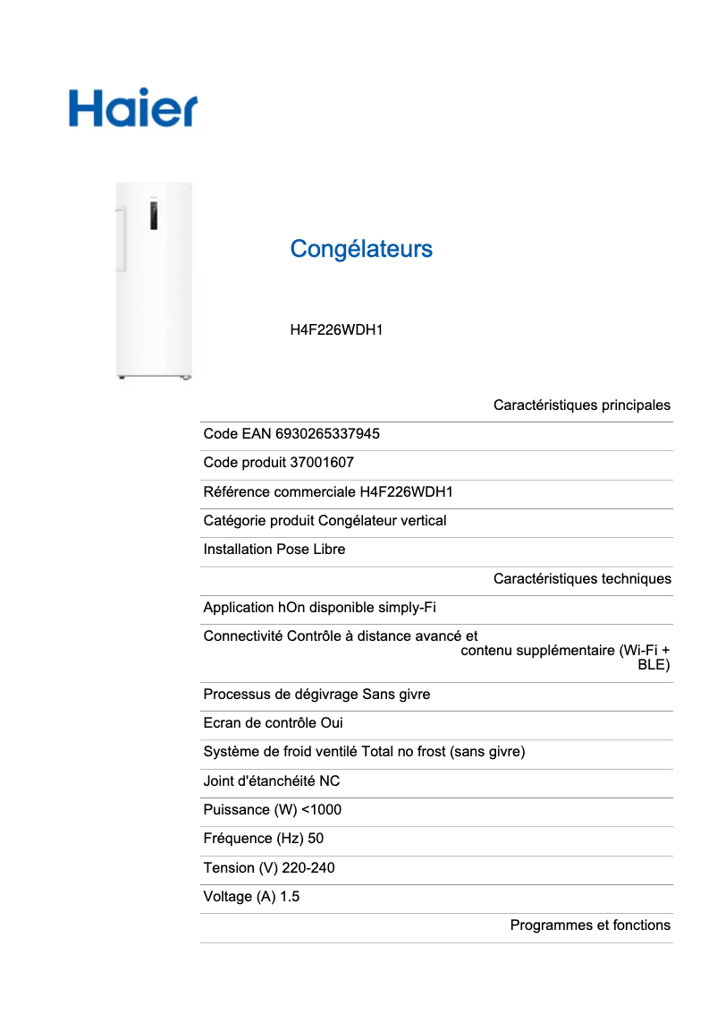 Page n°1 - Label énergétique Haier H4F226WDH1
