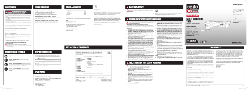 Page 1 de la notice Manuel utilisateur Ozito PXMFTS-100U