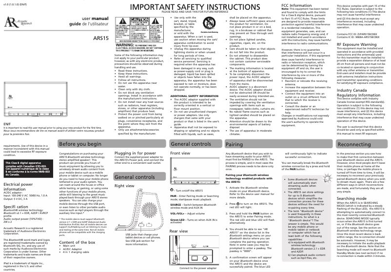 Page 1 de la notice Manuel utilisateur audiovox ARS15