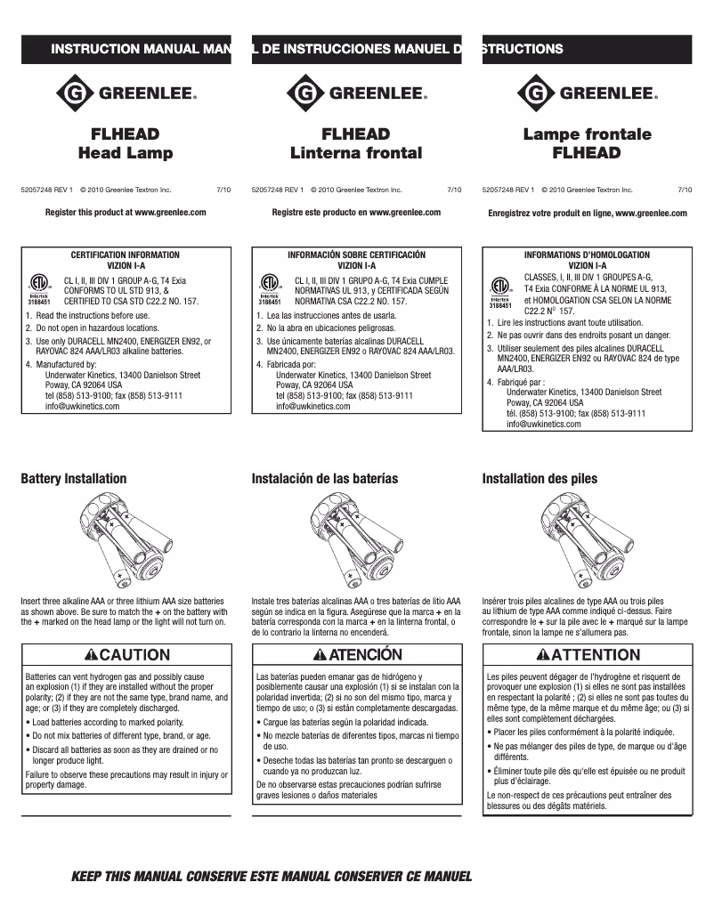 Página 1 del manual Manual de usuario Greenlee FLHEAD