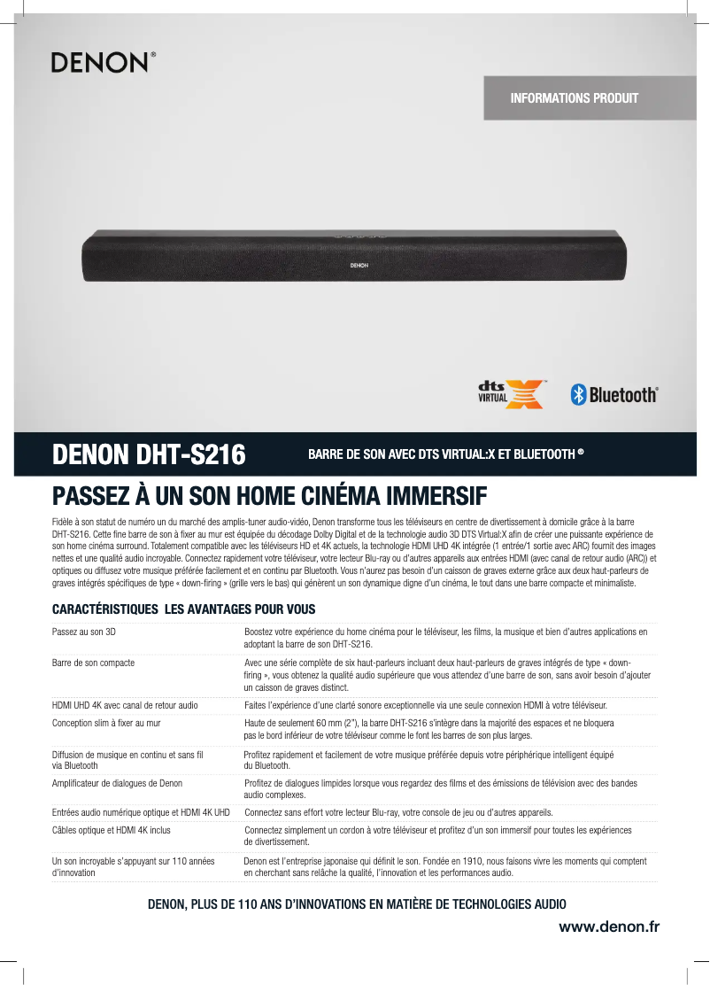Page 1 de la notice Fiche technique Denon DHT-S216
