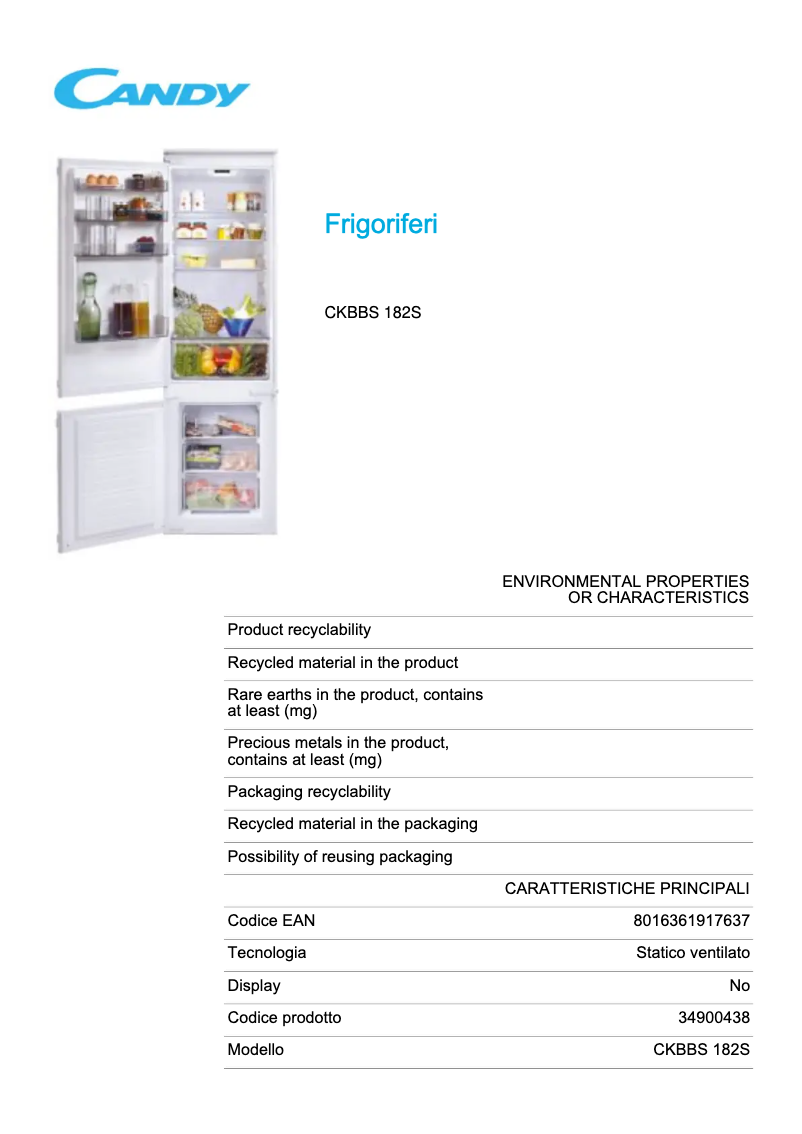 Page n°1 - Fiche technique Candy CKBBS 182S