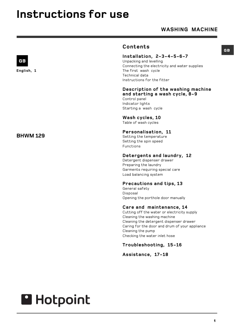 Page 1 de la notice Manuel utilisateur Hotpoint BHWM129