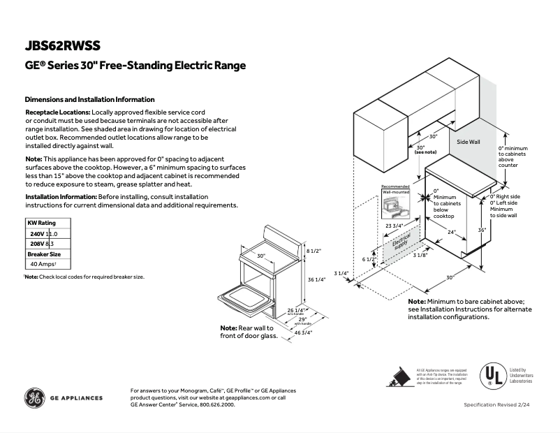 Page 1 of the manual Technical Sheet GE JBS62RWSS