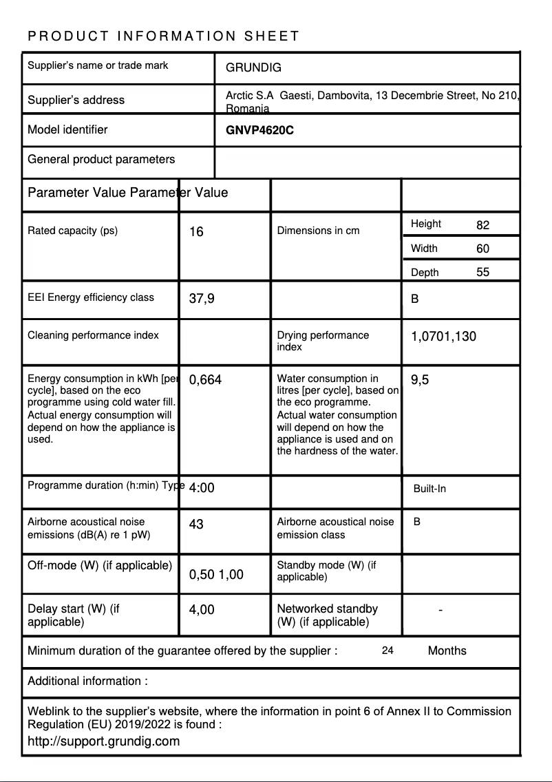 Page 1 de la notice Fiche technique Grundig GNVP4620C