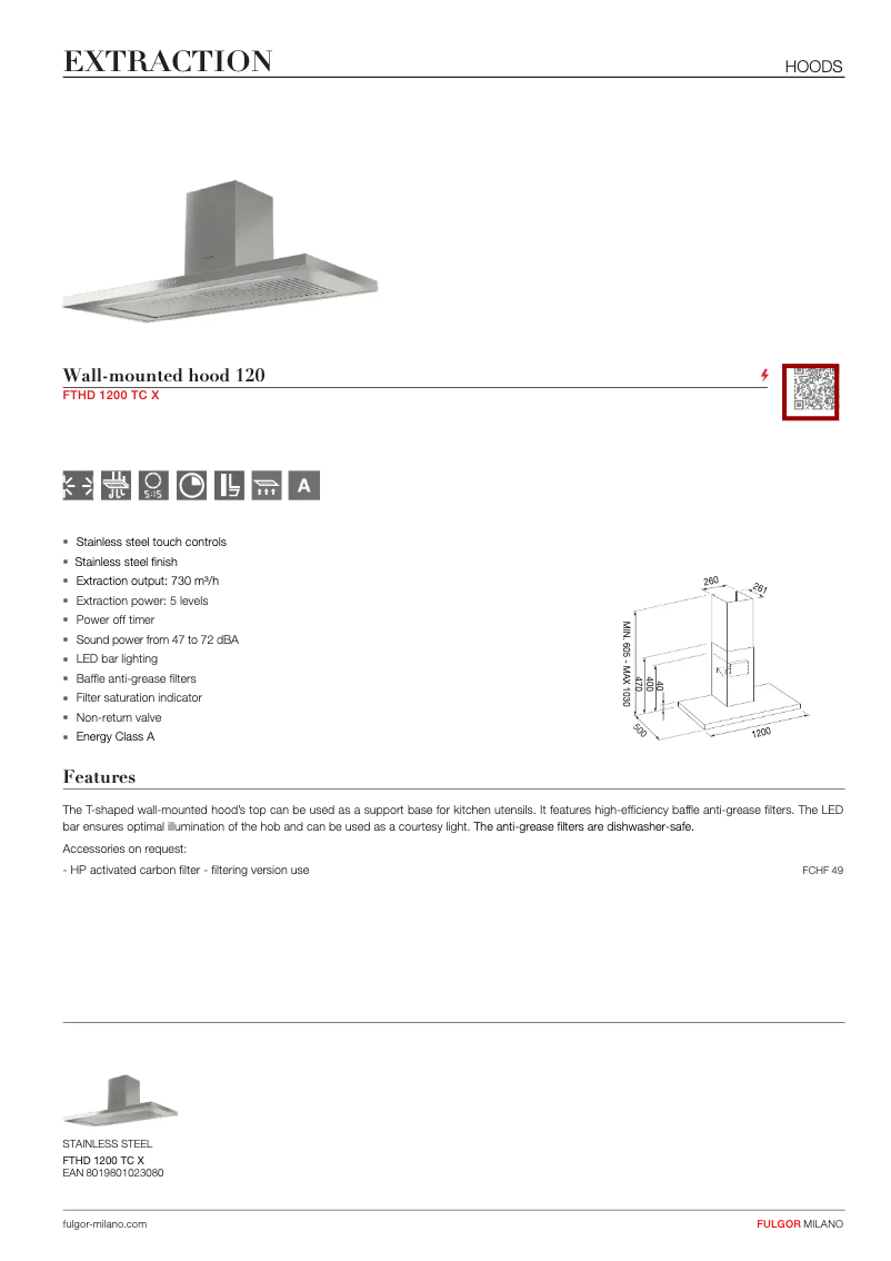 Page 1 de la notice Fiche technique Fulgor Milano FTHD 1200 TC X