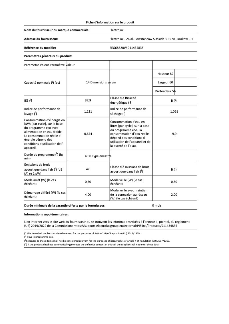 Page 1 de la notice Fiche technique Electrolux EEG68520W