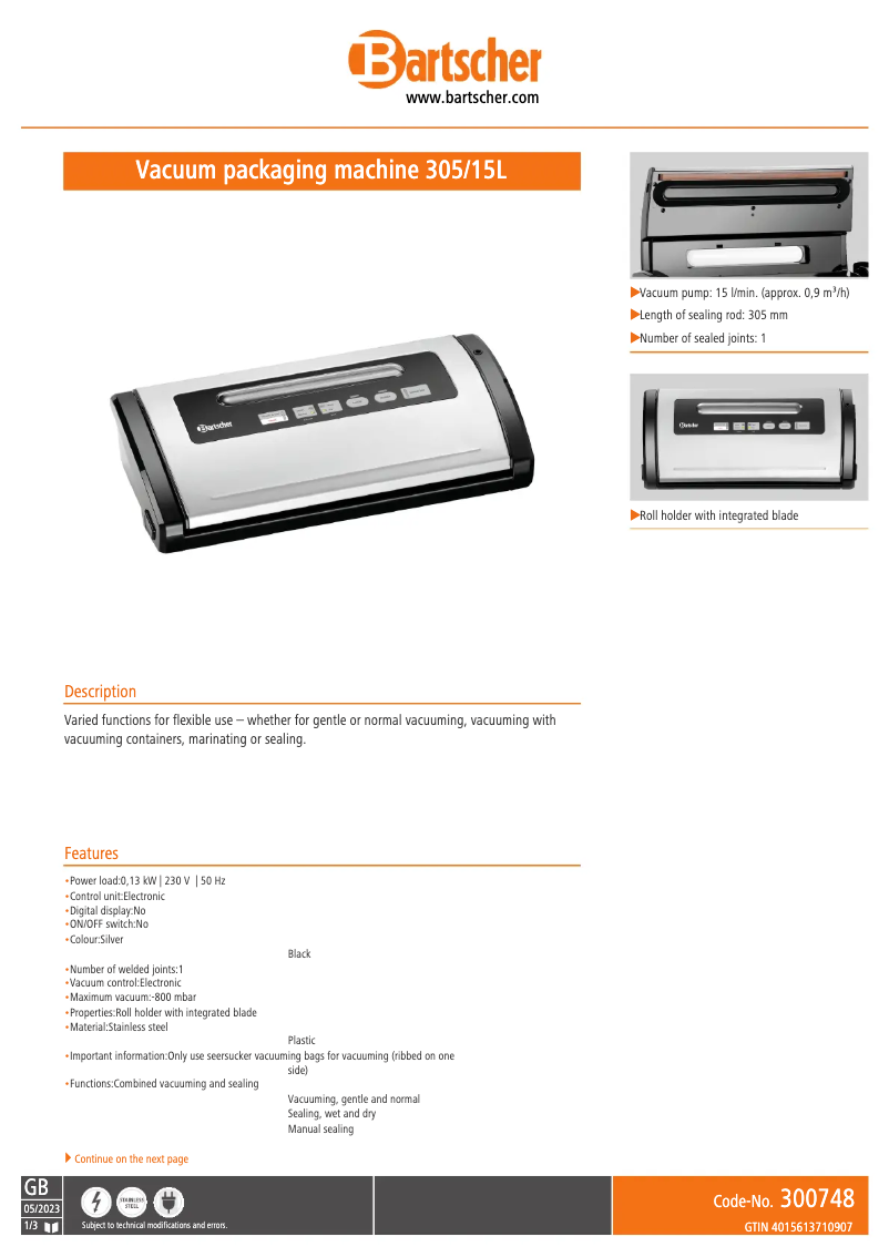 Página 1 del manual Ficha técnica Bartscher 300748