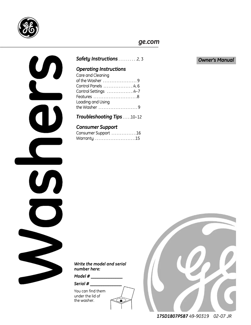 Page n°1 - Manuel d'utilisation et d'entretien GE WLSR2000GWW