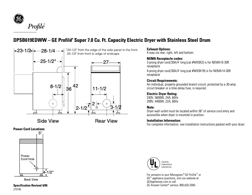 Image de la première page du manuel de l'appareil Profile DPSB619EDCC