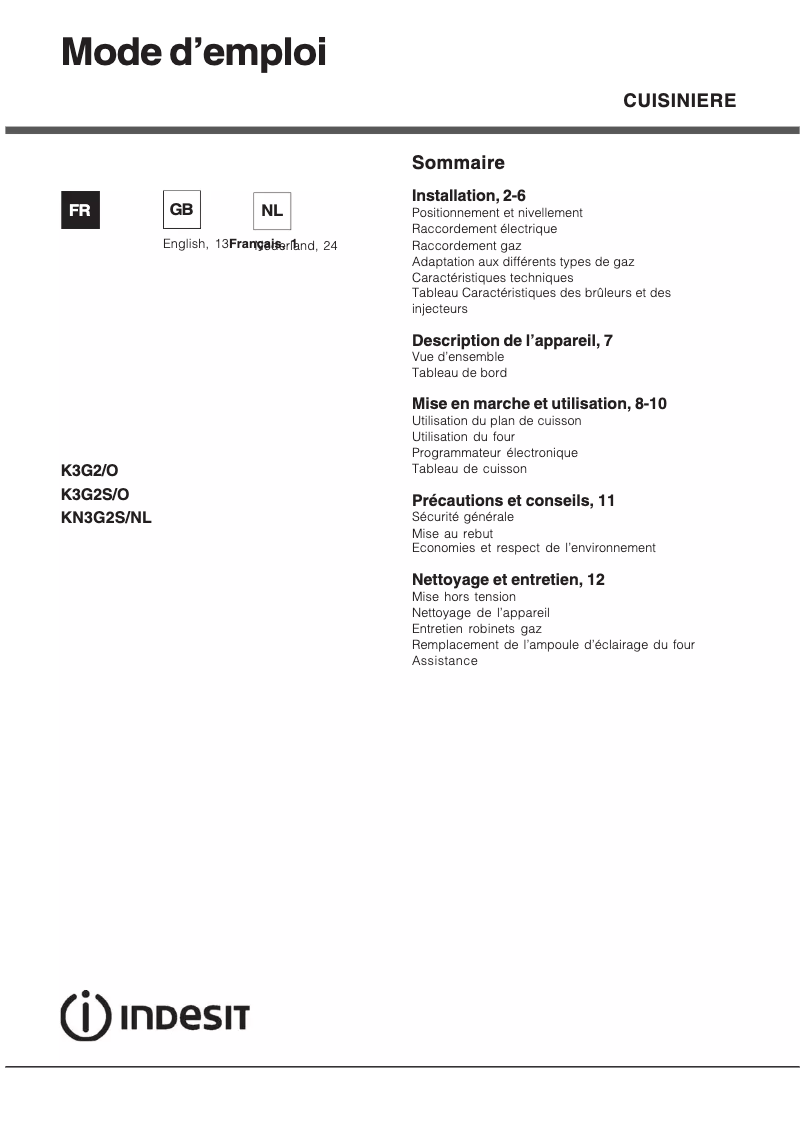 Page 1 de la notice Manuel utilisateur Indesit K3G2S