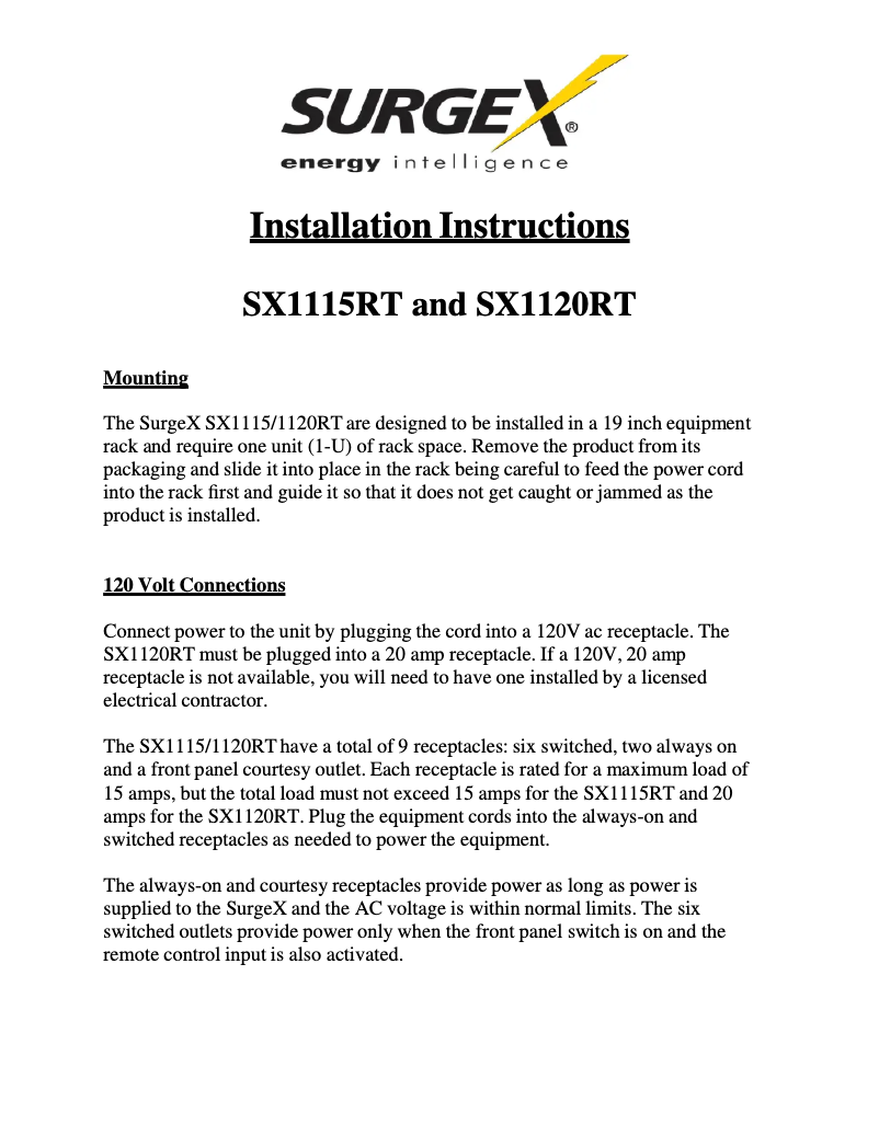 Page 1 de la notice Manuel utilisateur SurgeX SX1115RT