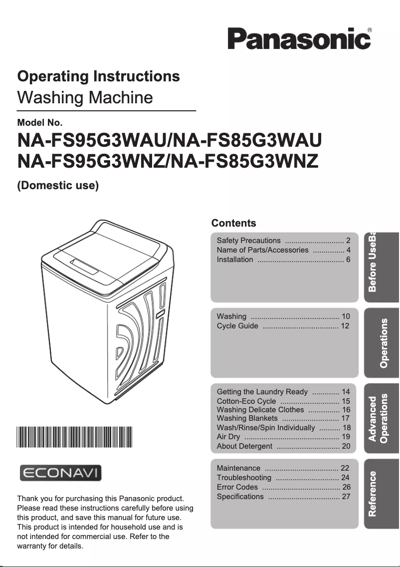 Page n°1 - Manuel utilisateur Panasonic NA-FS85G3