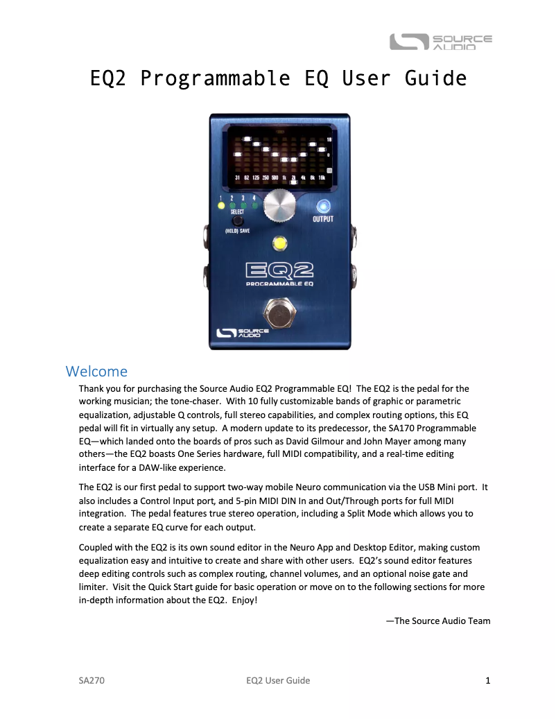 Page 1 de la notice Manuel utilisateur Source Audio EQ2 Programmable EQ