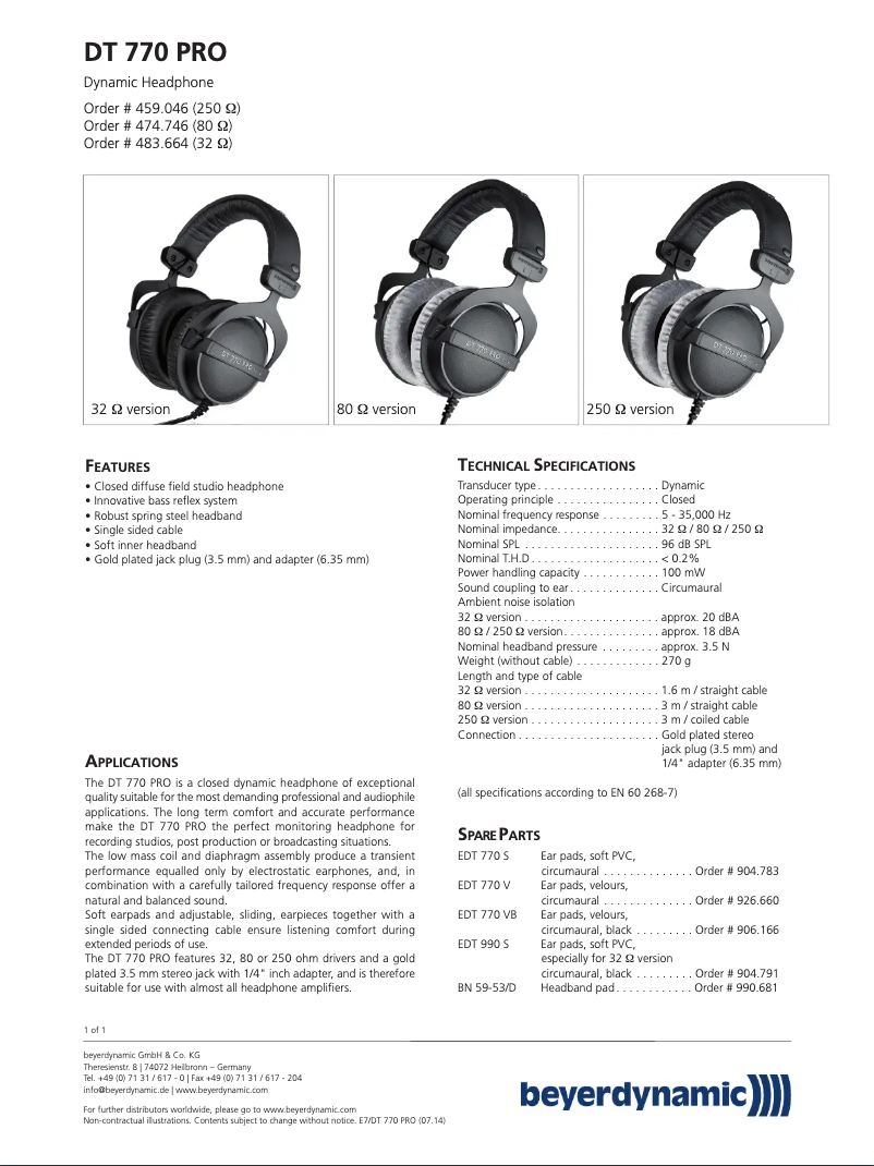 Page 1 de la notice Fiche technique Beyerdynamic DT 770 Pro
