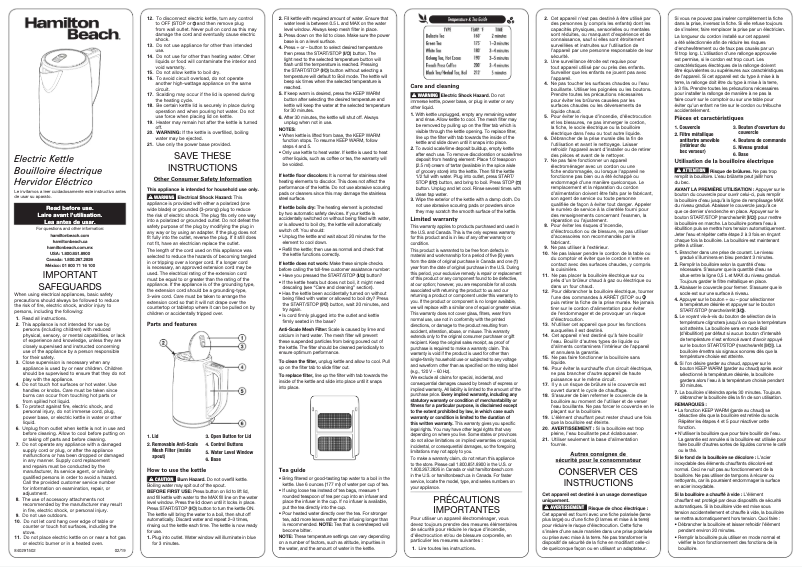 Page 1 de la notice Manuel utilisateur Hamilton Beach 41027R