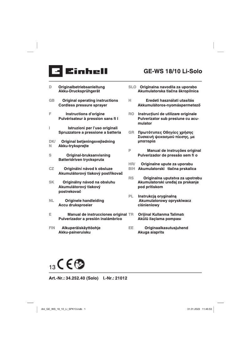 Image de la première page du manuel de l'appareil GE-WS 18/10 Li-Solo