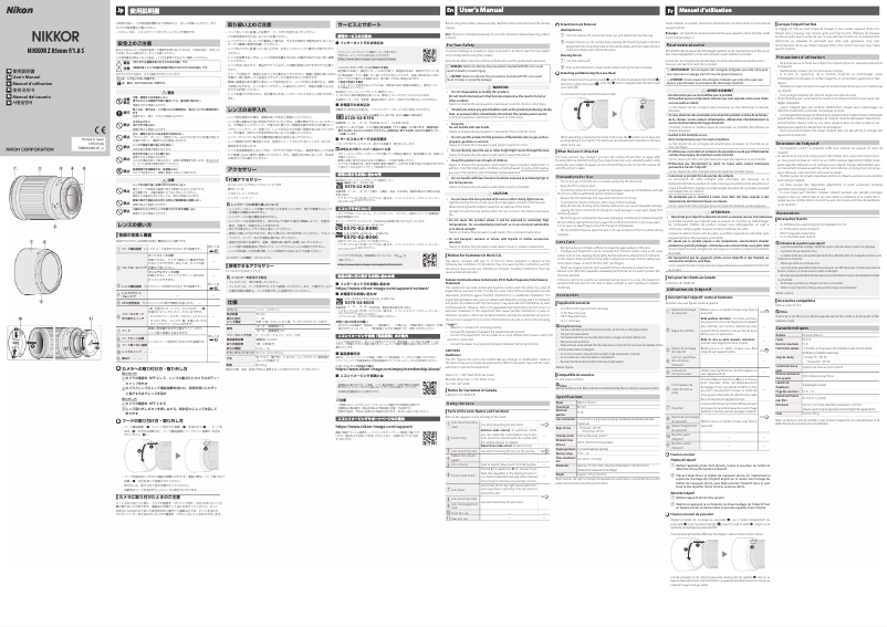 Image de la première page du manuel de l'appareil Nikkor Z 85mm f/1.8 S