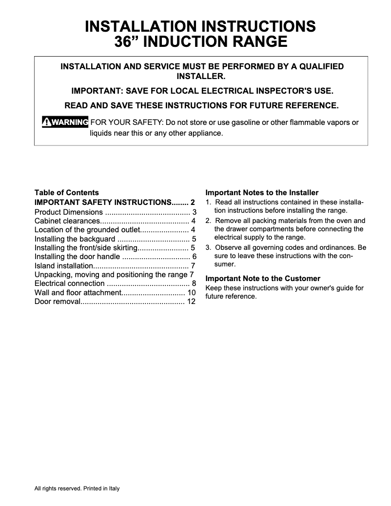 Page n°1 - Guide d'installation Frigidaire PCFI3670AF