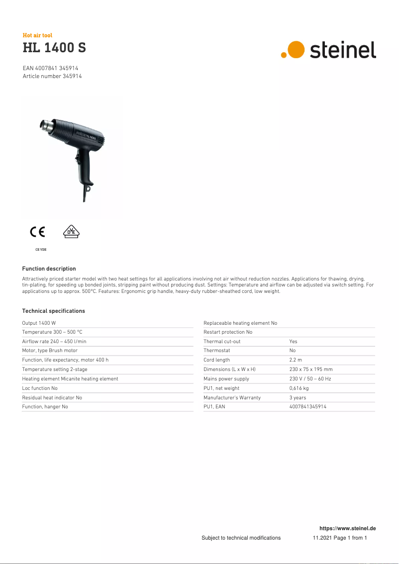 Página 1 del manual Ficha técnica Steinel HL 1400 S