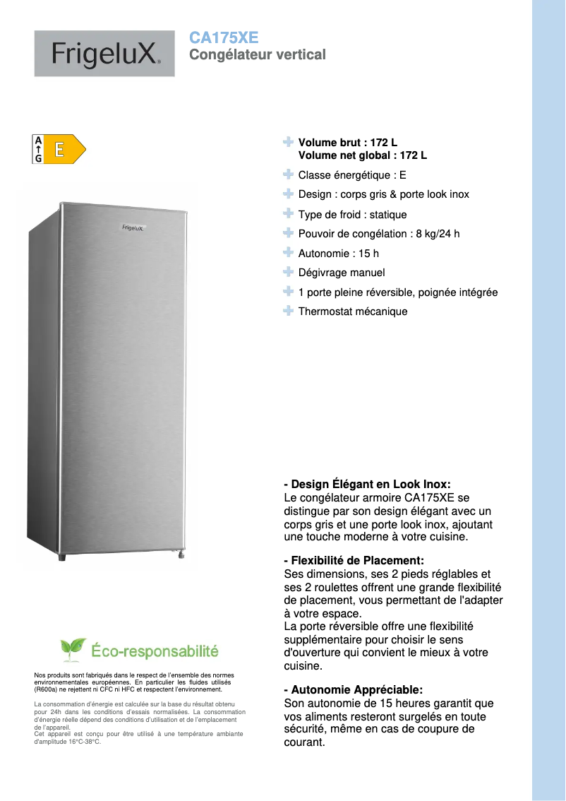Page 1 de la notice Fiche technique FrigeluX CA175XE