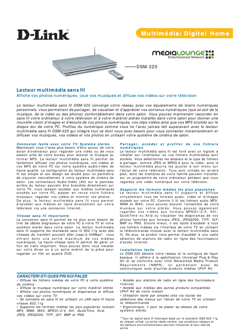 Page 1 de la notice Fiche technique D-Link DSM-320