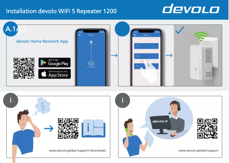 Page 1 de la notice Guide d'installation Devolo WiFi 5 Repeater 1200
