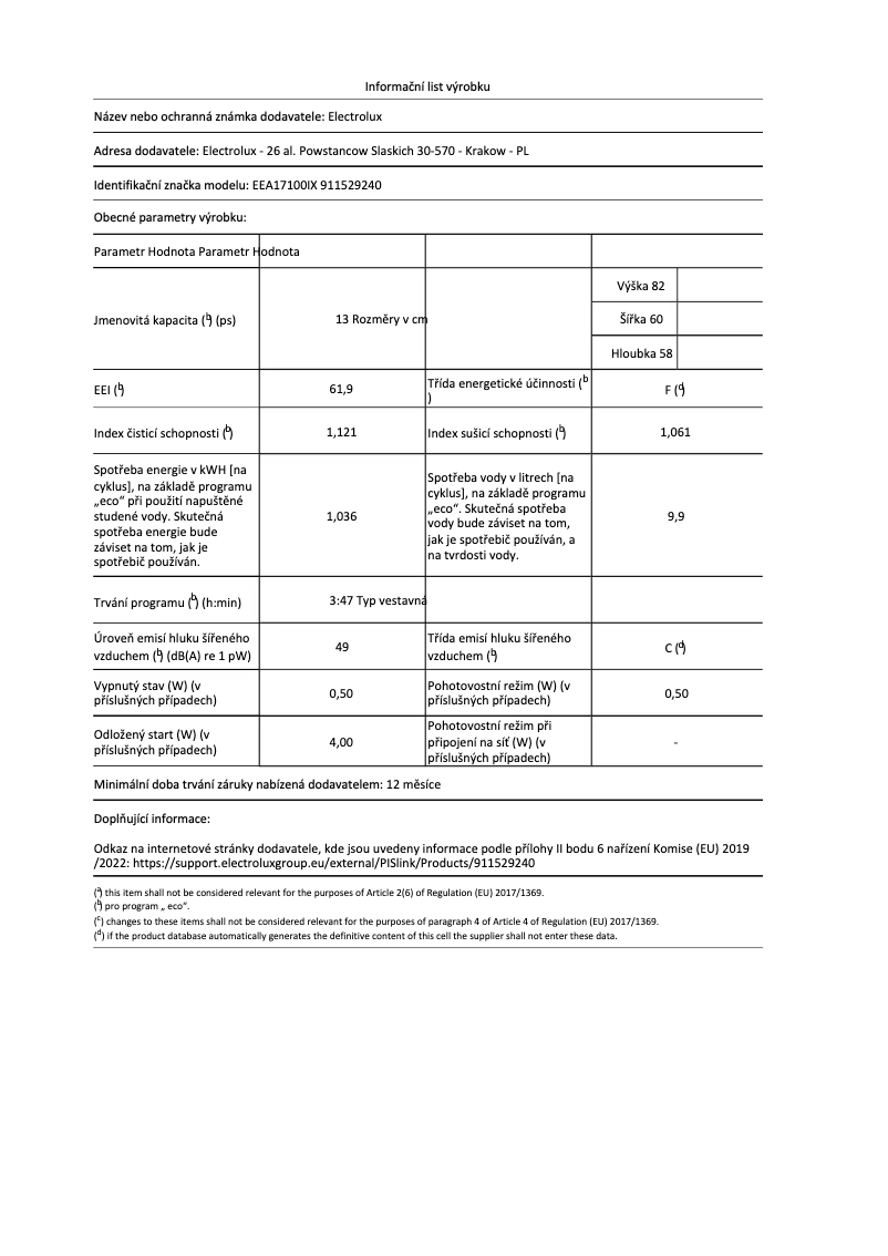 Page 1 de la notice Fiche technique Electrolux EEA17100IX