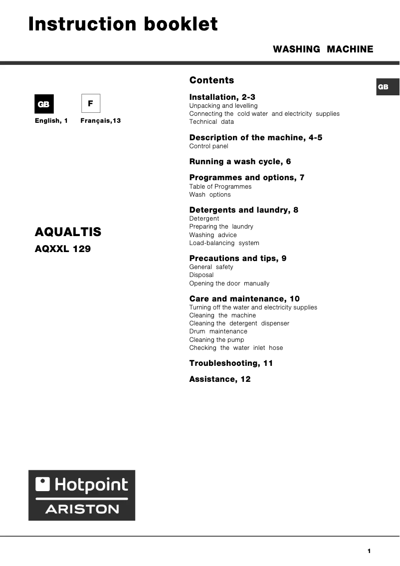 Page n°1 - Manuel utilisateur Hotpoint Ariston AQXXL 129
