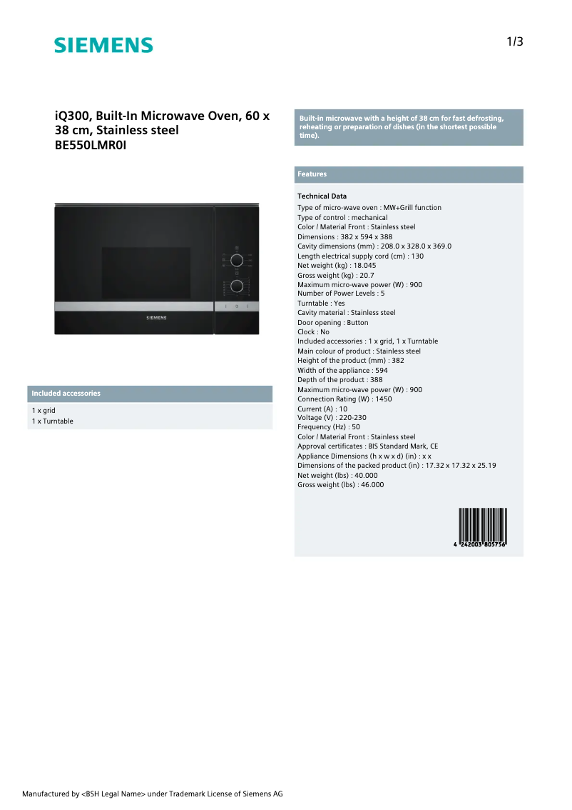 Image de la première page du manuel de l'appareil BE550LMR0I