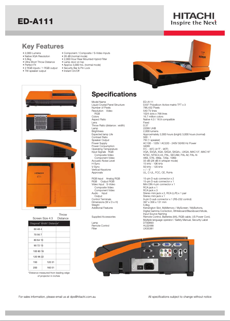 Page 1 de la notice Fiche technique Hitachi ED0-A111