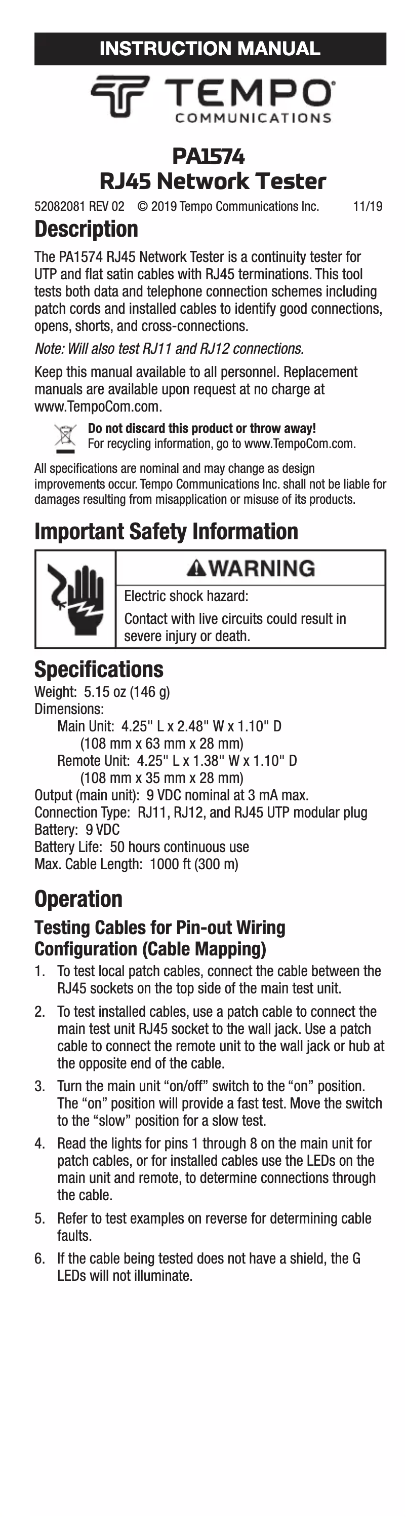 Page 1 de la notice Manuel utilisateur Tempo PA1574